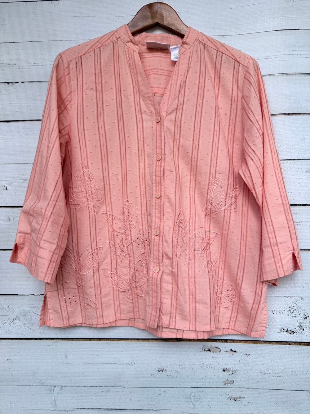 Alfred Dunner 100% Cotton Butterfly Embroidered Dobby Stripe Blouse - Size 12